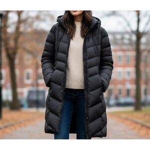 Lands End Silver Down 600 Puffer Coat L 14 16 Black Long Hooded Parka
